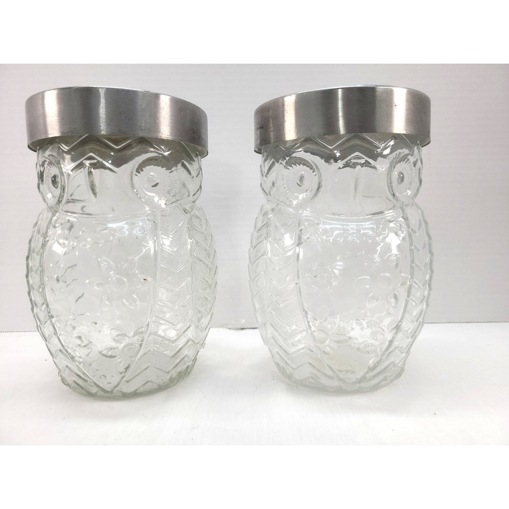 2‎ Circleware Owl Clear Glass Canister Silver Metal Lid 42oz Embossed